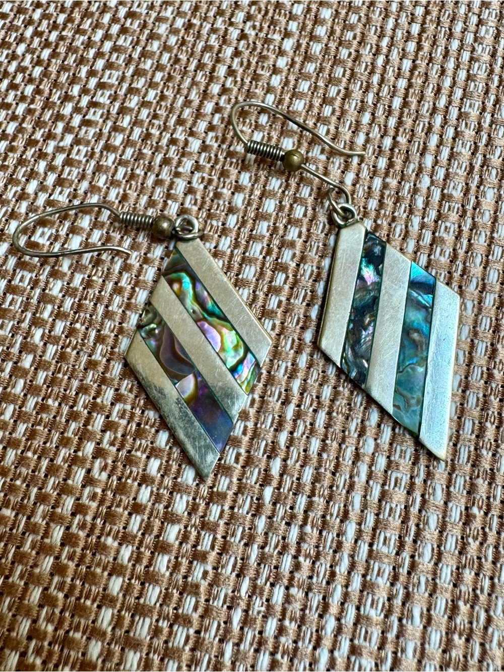 Abalone Inlay Dangle Earrings - Iridescent Shell and Silver Tone